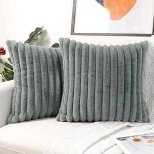 Faylapa Pack of 2 Decorative Throw Pillow Covers Faux Fur Plush Pillowcases Soft Fluffy Striped 18x18 Inch Pillow Cases for Couch Sofa Living Room Car Home Decoration (Grey)(Cover Only)