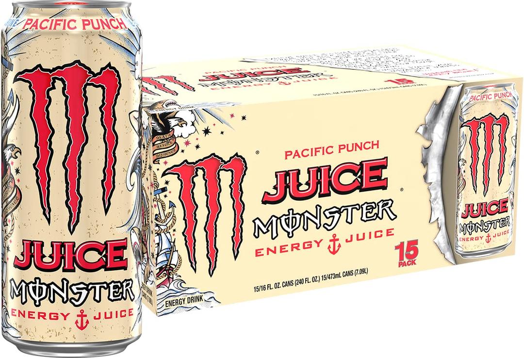 Monster Energy Juice Monster Pacific Punch, Energy Drink, 16 Ounce | Energy + Juice, Pack of 15, BB 9/4/25