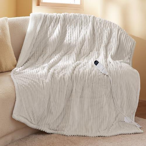 Bedsure GentleSoft Heated Blanket Throw - Soft Ribbed Flannel Electric Blanket, Heating with 4 Time Settings, 6 Heat Settings, and 3 hrs Timer Auto Shut Off, Gifts for Grandma (50x60 inches, Cream)