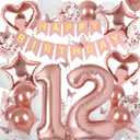Rose Gold 12th Birthday Decorations for Girl, 12 Year Old Sign with Happy Birthday Banner, 40In Number 12 Foil Birthday Balloons, Butterfly Decorations, Heart and Star Balloons