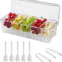 Ice Chilled Condiment Caddy, Stackable Chilled Condiment Containers, Serving Platters with Lid and 5 Removable Compartments, Set of 5 Serving Spoons & 2 Clips (1pack)