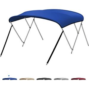 KEMIMOTO Bimini Top for Boat, Bimini Tops Cover 600D Marine Grade Canvas Boat Canopy with 6ft Length 54 in - 96 in Width 46 in Height, Includes Mounting Hardware, Straps Rear Support Poles (3 Bow 6'L x 43"H x 61"-66"W, Blue)