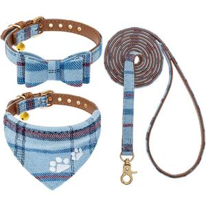 EXPAWLORER Puppy Collar and Leash Set - Embroidery Pawprints Plaid Dog Collar and Dog Leash Set, Bow Tie and Bandana Dog Collar with Bell, Cute Collar and Leash for Dogs Cats Outdoor Walking, Blue S
