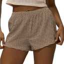 Women's Micro Mini Gingham Shorts Mid Rise Mini Shorts Vintage Summer Outfits (Beige, L)