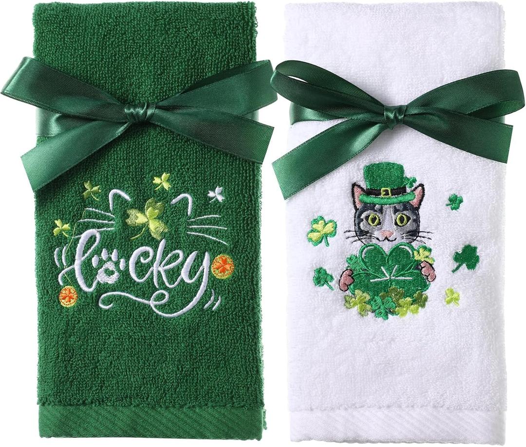 WovWeave 2 Pack St. Patrick's Day Irish Hand Towels Embroidered Cotton St Patricks Day Kitchen Decor Green Shamrock Clover Bathroom Dish Tea Towels Set with Cat Lucky Leaf St. Patrick's Decorations