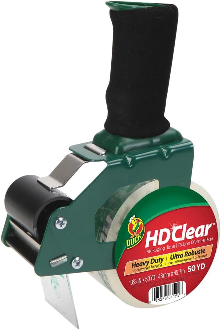 Duck HD Clear Packing Tape Dispenser Heavy Duty Packaging Tape Gun for Packing Boxes, Shipping and Moving - Includes 1 Refill Roll of HD Clear 1.88 In. x 54.6 Yards - Foam Handle (287398)