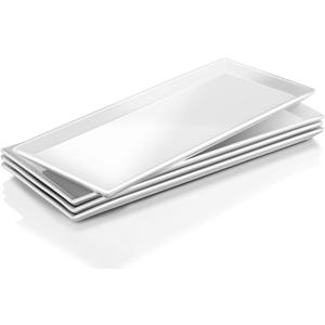 DOWAN 14.5" Rectangular Plates Set of 4 - Long Serving Trays for Sushi, Pasta, Chips, Appetizer, Cake - White Ceramic Rectangle Platter for Party, Restaurant, Banquet - Dishwasher & Oven Safe