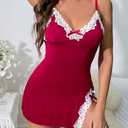 Lace Babydoll Nightgown for Women Sheer V-Neck Chemise Dress with Adjustable Straps, Stretch Floral Lace, 5XL (Red)
