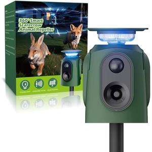 2025 Upgraded Solar Ultrasonic Animal Repeller, 360° Motion Detection with Top LED Flashing Light, Waterproof Design for Outdoor Garden, Farm, Yard Protection Against Deer, Cats, Dogs, Raccoons