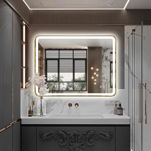 Rectangle LED Bathroom Mirror, 40"x30" Anti-Fog Double Touch Lighted Wall Vanity Mirror 45 Beveled Metal Frame Stepless Adjustable Color Temperature Smart Mirror 3000K-6000K, Gold