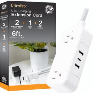 GE Flat Plug Power Strip Extension Cord with USB Ports, Travel Power Strip with 2 Outlets 3 USB Ports, Cruise Ship Essentials, 6 Ft Braided Small Extension Cord Flat Wall Plug, ETL Listed White, 81597
