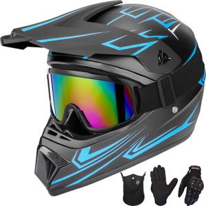 Youth Kids Motocross Helmet Motorcycle Dirt Bike Off-Road Mountain Bike BMX MX ATV Helmet with(Gloves Goggles Mask) 4Pcs Set - DOT Approved(Blue,S) (Small)