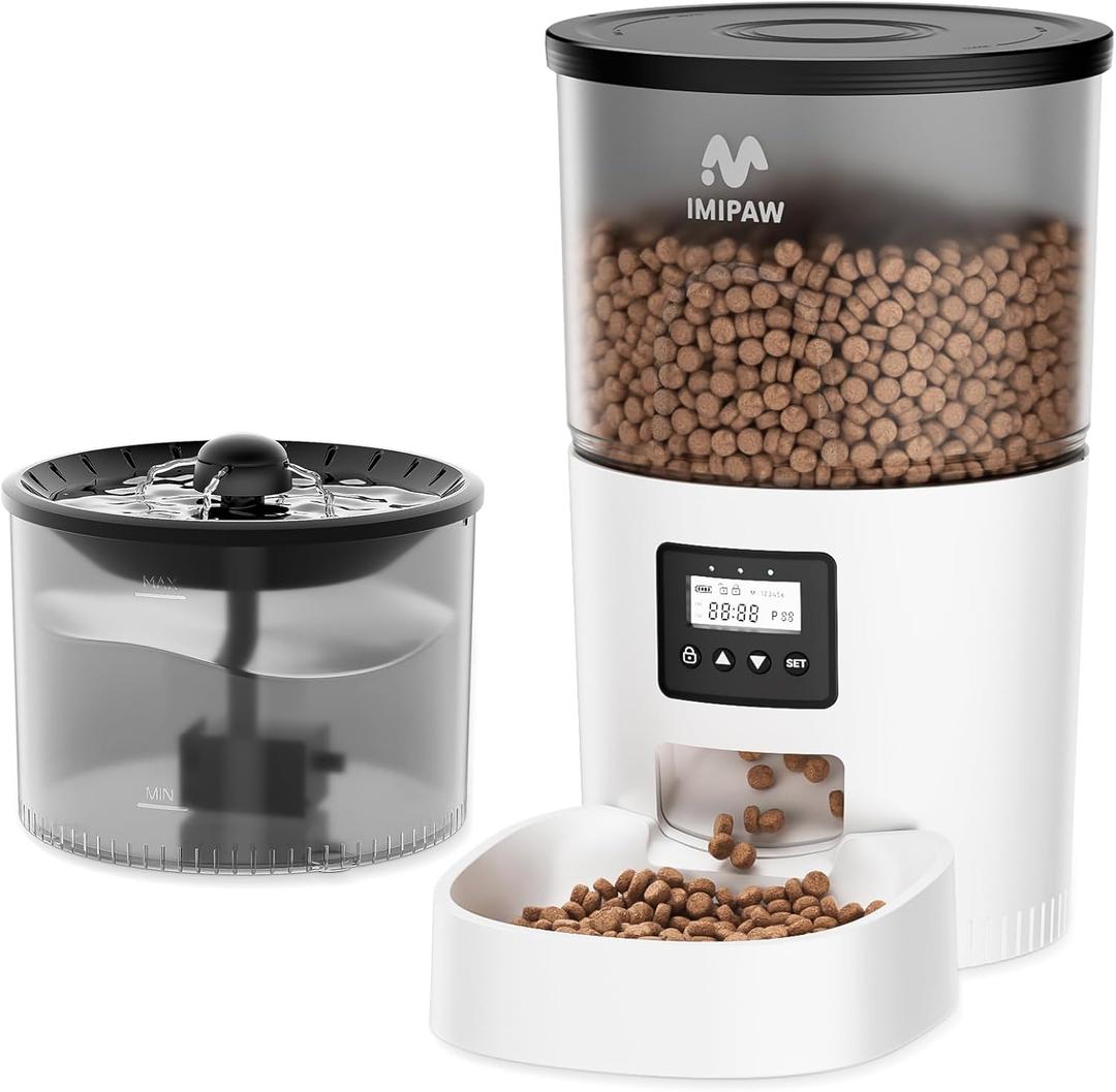 Automatic Cat Feeder and Water Fountain, Timed Pet Dry Food Dispenser, Programmable Portion Control, 1-6 Meals Per Day, Cat Fountains for Drinking with Filter, Small Pets (3L Combo) (White)