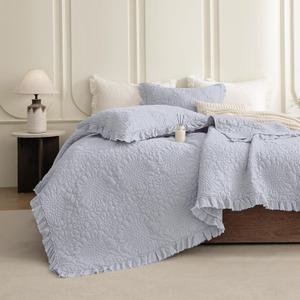 QSH Cornflower Blue Stonewashed Cotton Oversized King Quilt Bedspread Set(128"x120"),3PCs Farmhouse Ruffle Bedspread California King,Ultra Soft Lightweight Crinkle Quilt Coverlet with Pillow Shams