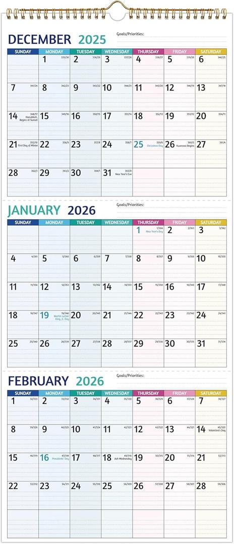 2026 Wall Calendar - 3 Month Calendar 2026 Vertical, Jan 2026 - Dec 2026, 3 Month Wall Calendar 2026, 11 x 26 In Open, 2026 Calendar Monthly with Large Print, Holidays, Thick Paper, Priorities  Notes