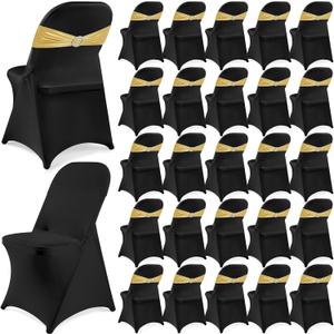 Preboun 50 Pack Folding Chair Cover Set with 25 Spandex Chair Slipcovers 25 Sequin Chair Sashes Bow Washable Chair Protector Chair Cover for Party Wedding Banquet Event (Black and Gold)
