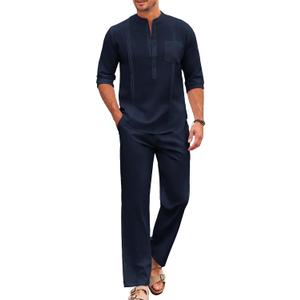 COOFANDY Men's 2 Piece Cotton Sets Casual Long Sleeve Cuban Henley Shirt and Loose Pants Set Beach Vacation Outfits (Large, Navy)