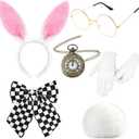 6 Pcs White Rabbit Costume Include Bunny Ears Headband,Tail,Bow Tie,Glasses,Gloves and Pocket Watch for Men Women Halloween Party Dress Up