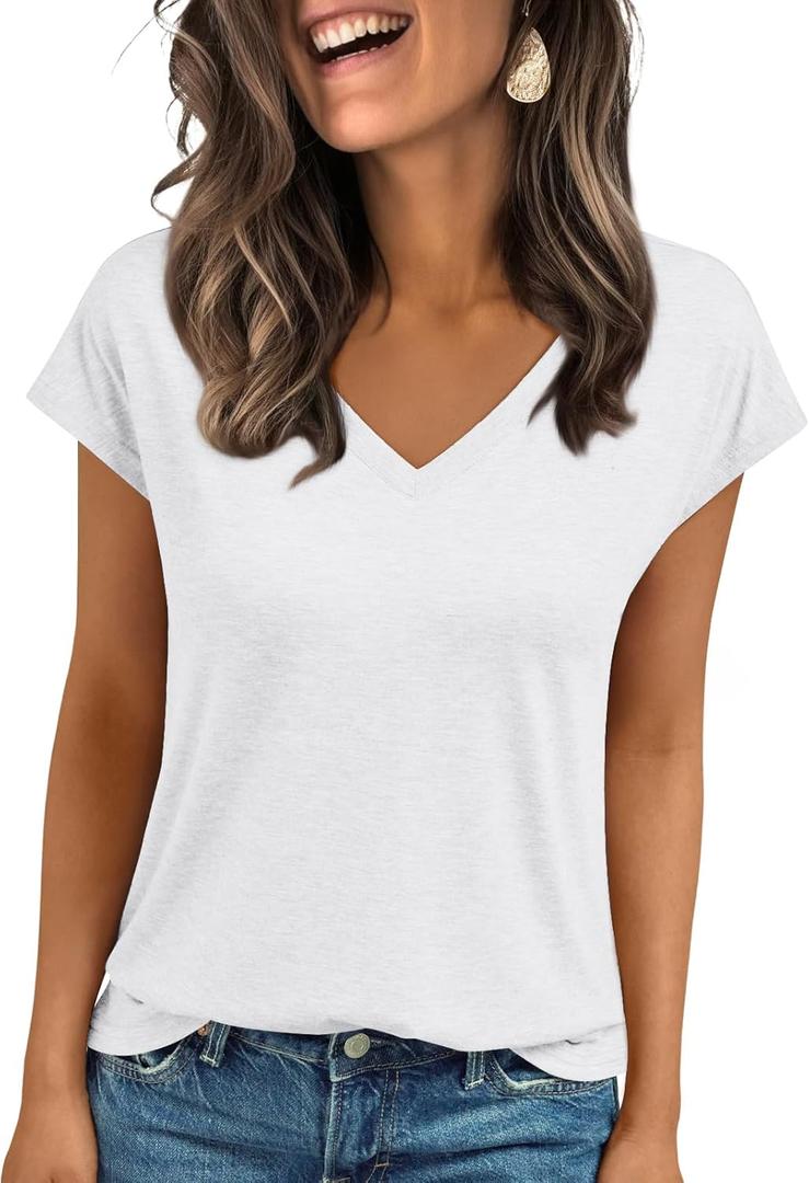 LILLUSORY V Neck T Shirts for Women Cap Sleeve Business Casual Tops Summer Cute Beach Vacation Clothes Basics Tees (Small)