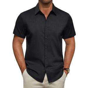 Men's Short Sleeve Dress Shirts Stretch Stain Shield Business Casual Button Down Shirts Solid Formal Wedding Tops (Black, L)
