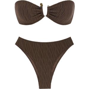 ZAFUL Women's Strapless Ribbed V Wired Lace Up Ruffle Tie High Cut Bandeau Swimsuits Bikini Set (Medium, 11-deep Coffee)