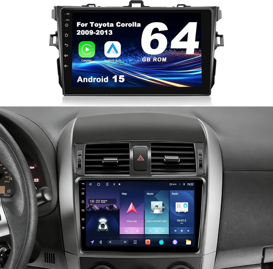 Android 15 Car Radio for Toyota Corolla 2009-2013: 9'' 4GB+64GB Car Stereo Upgrade Wireless CarPlay & Android Auto with WiFi 6, Bluetooth, GPS Navigation, FM Radio, EQ, SWC, 1080P Backup Camera
