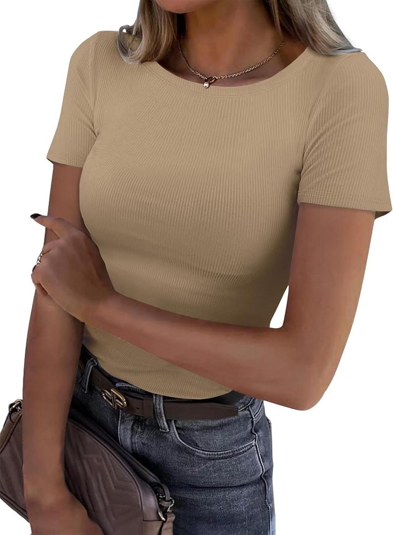 GKBK Womens Short Sleeve Tops Crew Neck Ribbed Slim Fitted Basic Tee Shirts Summer Tops Casual Spring Outfits 2026 Trendy (Brown, XXL)