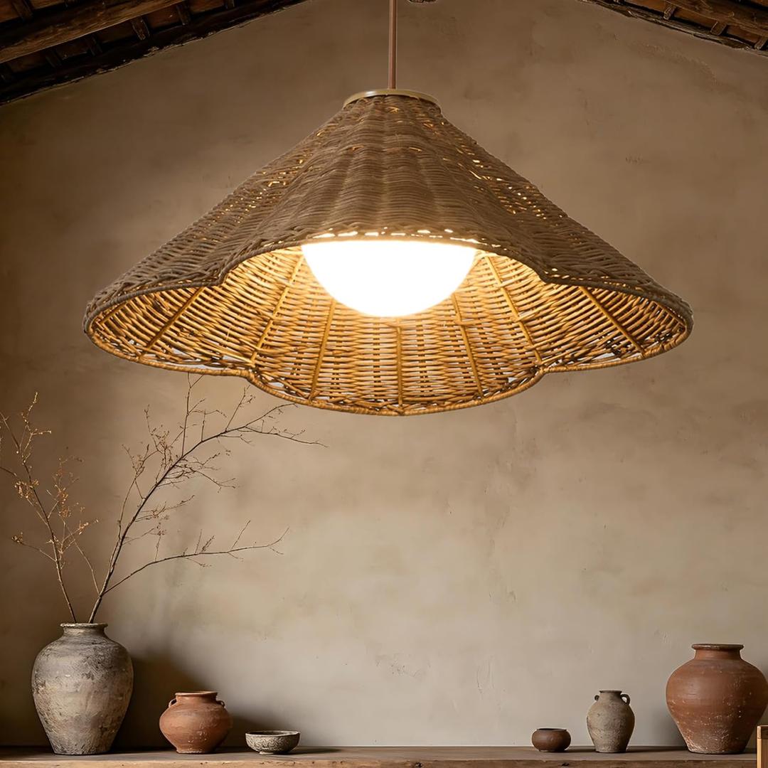 23” Rattan Chandelier Light Fixture, Boho Hand Woven Wicker Pendant Light, Vintage Rustic Hanging Lighting for Dining Room, Kitchen Island, Foyer, Natural Farmhouse Lighting Fixture