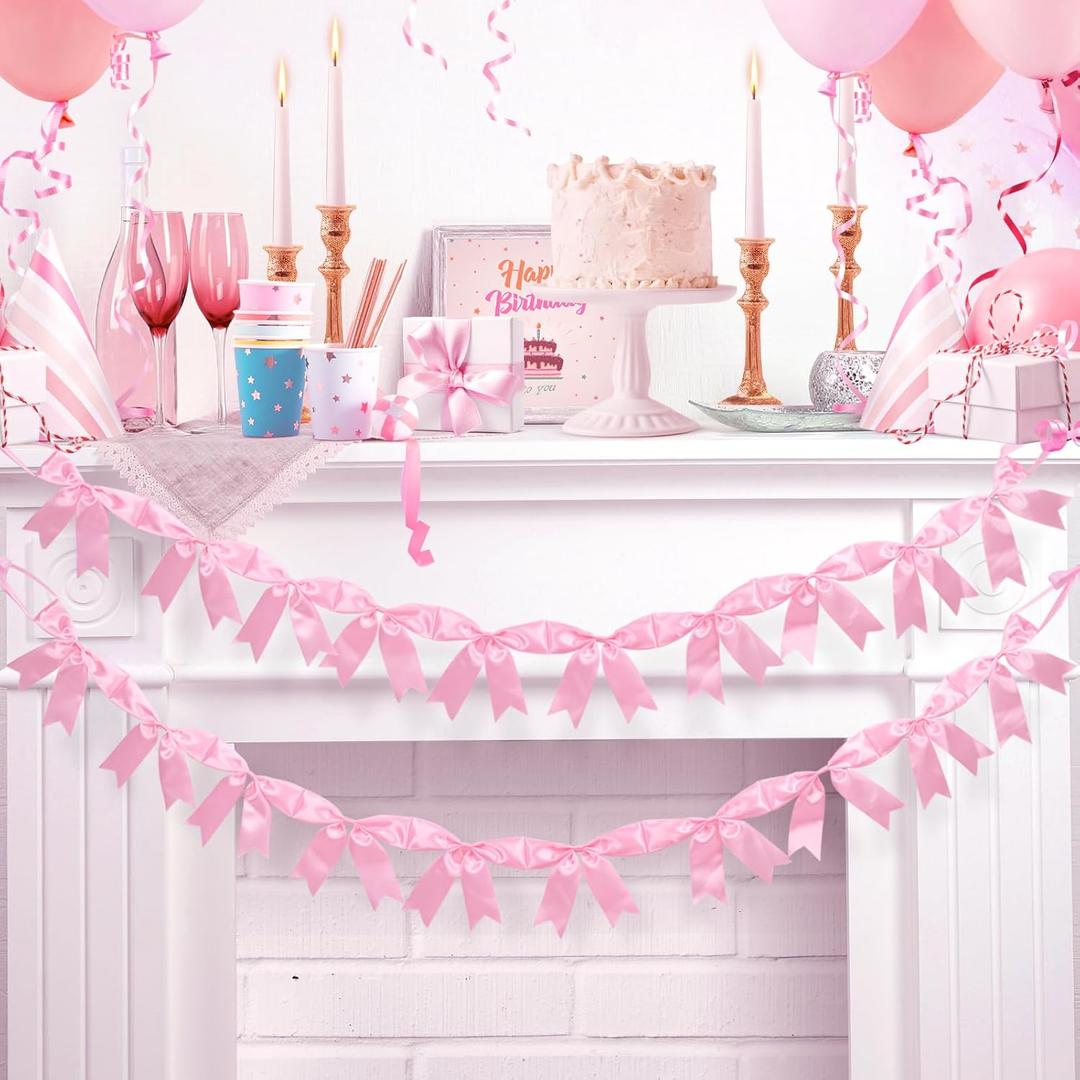 2Pcs Pink Satin Ribbon Bow Banner Garland, Pink Bow Party Decortions, Girls Bow Birthday Decorations, Baby Shower Decoration, Bridal Shower Bachelorette Wedding Party Decor
