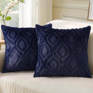 DecorUhome Throw Pillow Covers 24x24 Inch Set of 2, Soft Plush Faux Wool Dark Blue Coastal Solid Couch Pillow Covers, Accent Euro Sham Farmhouse Square Patriotic Pillow Cases for Sofa Bed Living Room