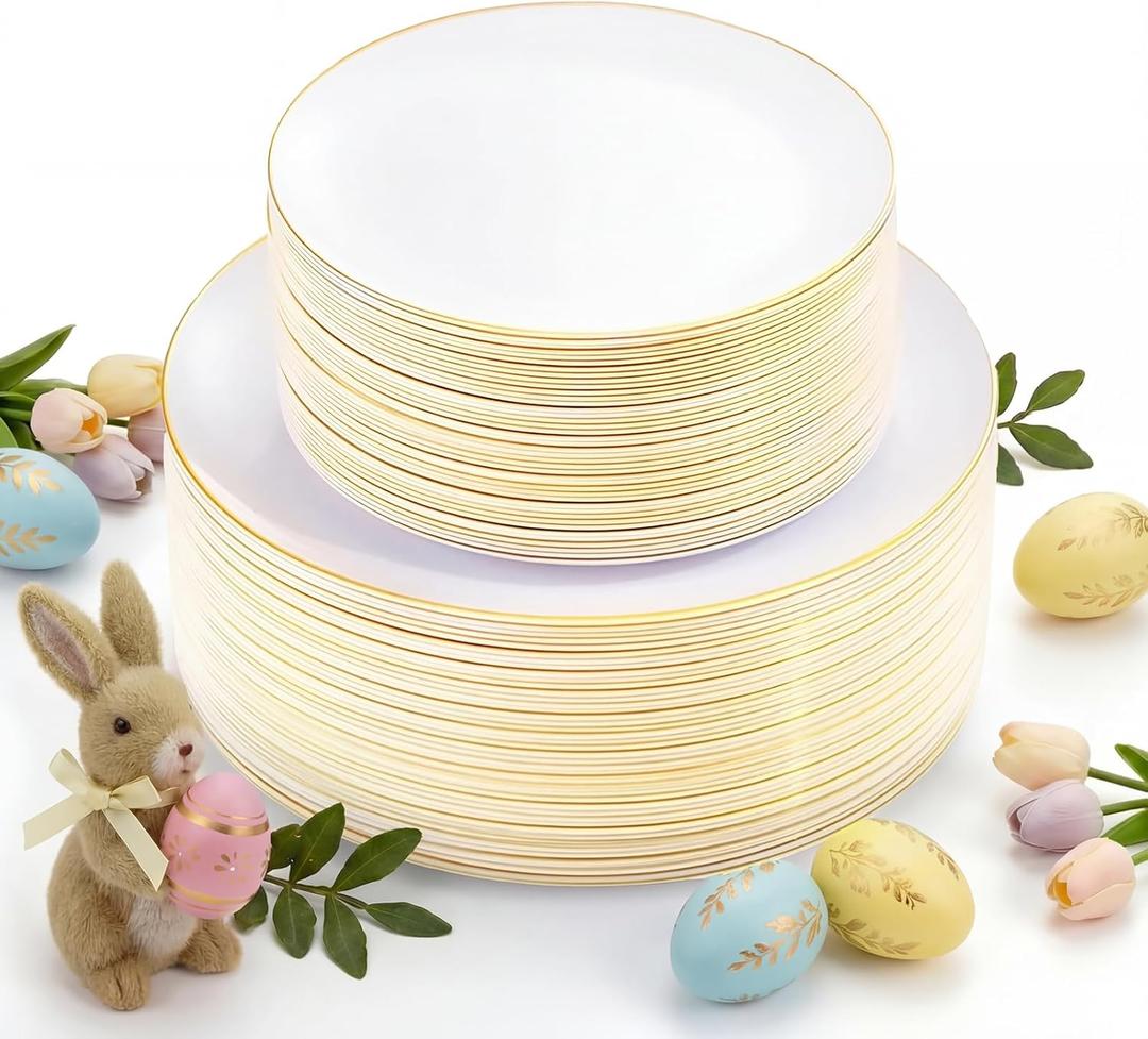 KIRE 100PCS Disposable Plates - White with Gold Rim for Easter/Wedding/Spring Party- Includes 50Pieces 10.25inch Dinner and 50Pieces 7.5inch Dessert/Salad Plates