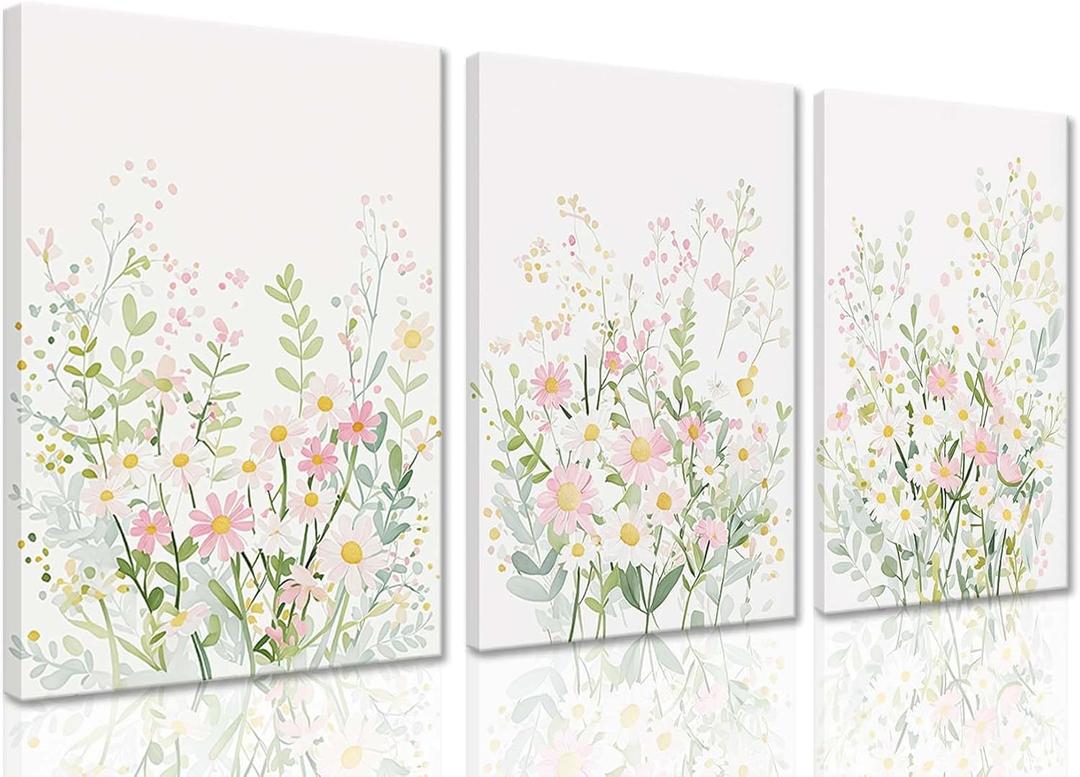 ZQARTZZQ Framed Colorful Wildflower Canvas Wall Art, Floral Wall Art, Watercolor Flower Wall Decor Flowers Pictures Prints Floral Painting Set of 3 for Living Room Girls Bedroom Bathroom (Pink Green Wildflower)