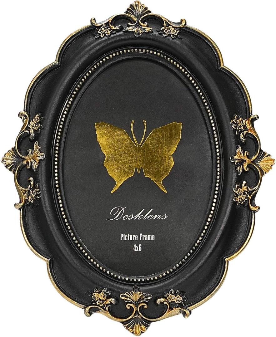 Vintage Picture Frame, Oval Antique Photo Frame with Real Glass Front, Luxury Table Wall Haning Photo Display Home Decor, Gift Ideas (Black Flower, 4x6)