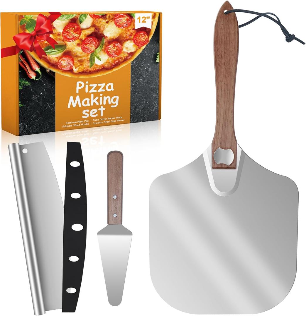 Aluminum Pizza Peel 12x14" With Foldable Wooden Handle - Metal Paddle, Rocker Cutter, and Server for Pizza Oven (Gift-Ready) (12in*14in)