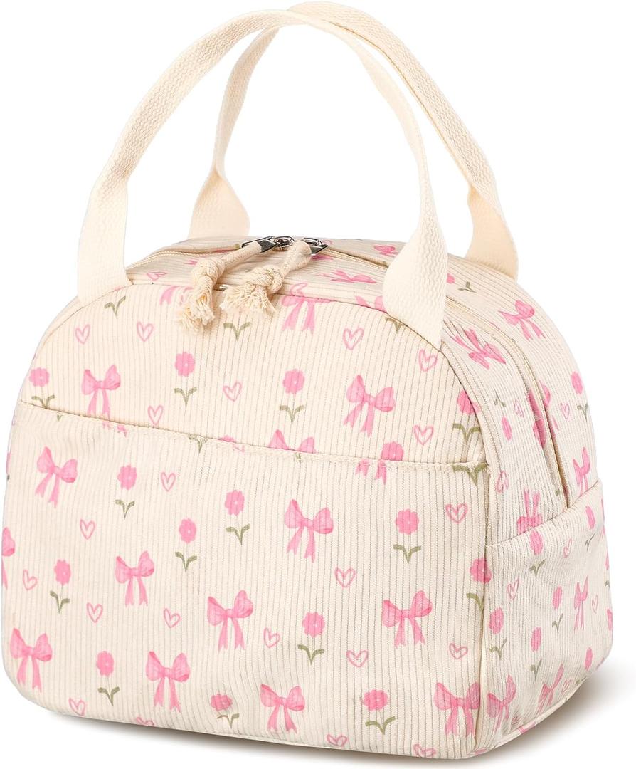 Dansydaisy Pink Flower and Bow Lunch Bag Cute Corduroy Insulated Lunch Box for Women Coquette Tote Bag Reusable Large Capacity Cooler Containers Preppy Stuff Gifts for Picnics Travel Outdoor