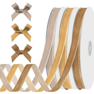 ALIBBON 3 Rolls 3/8 inch x 30 yd Brown Velvet Ribbon Khaki Grey Christmas Ribbon Bow for Tree Natural Solid Ribbons for Gift Wrapping Sewing Bows Crafts Bouquet Wedding Birthday Christmas Decorations