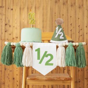 Wild Green 1/2 Birthday Boy, High Chair Banner Half Way to One Baby Boy, Hat Cake Candle Half Birthday Decoration