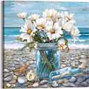 Bathroom Decor Beach Wall Art Ocean Theme Blue Picture Canvas Print Modern Coastal Artwork Framed Hanging Dining Office Living Room 20"L x 20"W