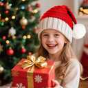 Santa Hat Christmas Hat for Adults Kids/Baby, Red Knitted Beanie Hats with Pompom, Unisex Xmas Holiday Hats with Gift Bag (Red)