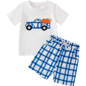 Toddler Boy Halloween Outfit Truck Pumpkin Embroidered T-shirt+Striped Shorts Fall Set (White)