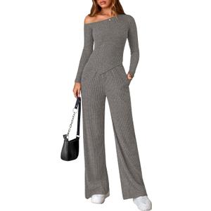 PRETTYGARDEN Fall Two Piece Sets For Women 2026 Off Shoulder Tops Long Pants Knit Matching Lounge Set Airport Travel Outfits(Grey,Large) (Gray, M)