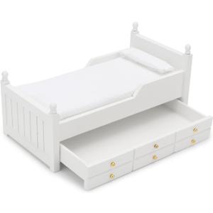 Dollhouse Miniature Bed with Drawer 1:12 Wooden Furniture European Bedroom Bedding Furniture Accessories with Pillow & Mattresses Vintage Floral Fabric Mini House Decoration