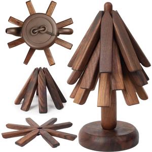 A Tree Design Trivet Mats Set of 3, Foldable Walnut Wood Kitchen Hot Pads Trivet,Folding Tree Shape Black Walnut Wood Table Mat, Trivet Set Wood Coasters for Teapot Hot Pots