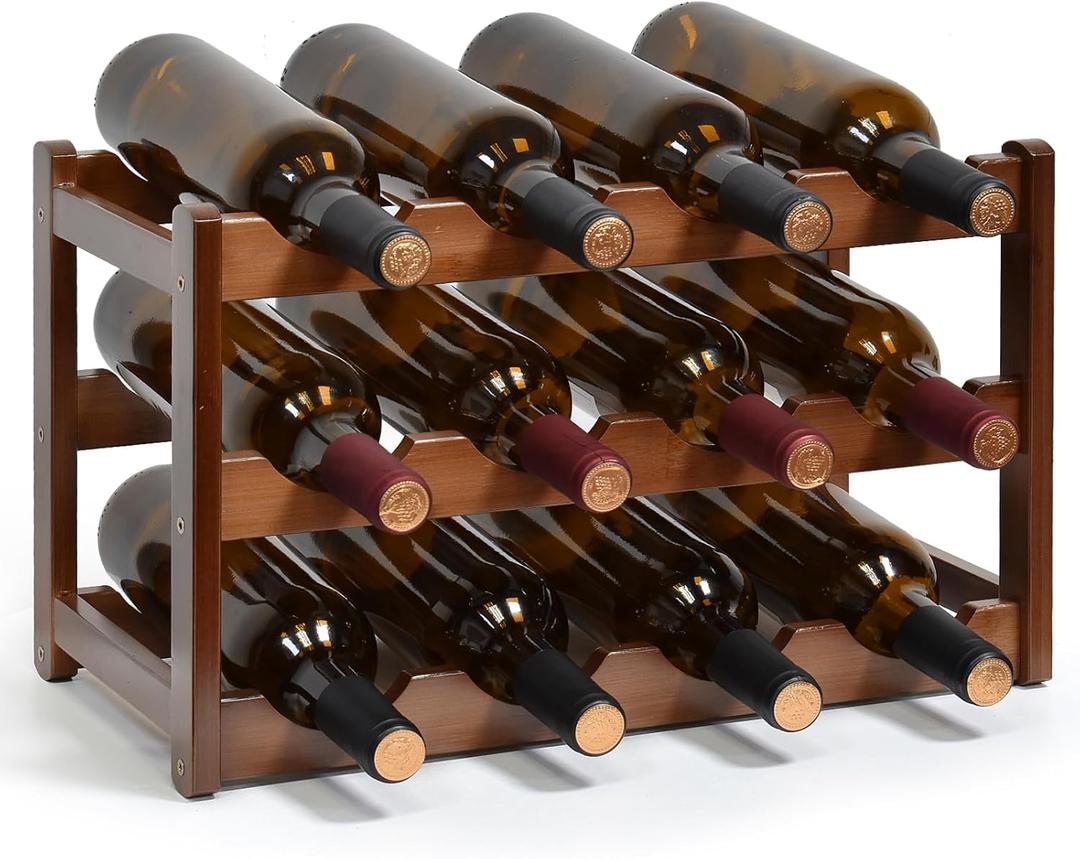 Wine Rack, 12 Bottles 3-Tier Free Standing Wine Racks, Wine Rack Countertop Holder Storage Shelf for Kitchen Cabinet Dining Room Bar (Brown)