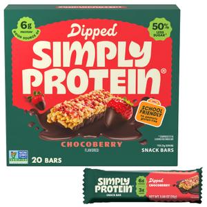 Simply Protein - Chocoberry Dipped Bars, 20 Count - Plant Based Protein Snack Bars - Snacks for Kids - 6g Protein, 3g Sugar, & 100 Calories - Vegan, Gluten Free, Non GMO, & Kosher - 4 Boxes