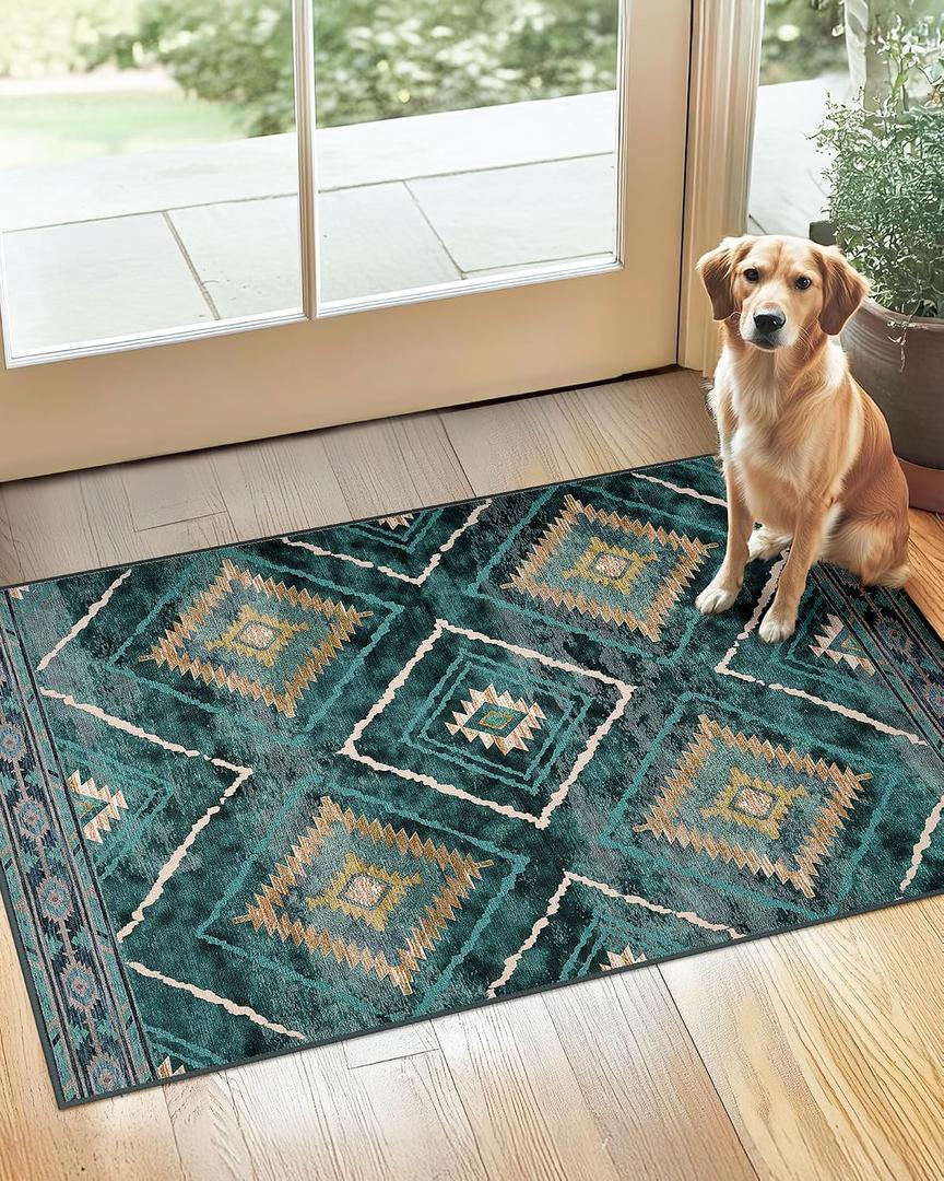 BESTSWEETIE Area Rug 2x3 Rug Machine Washable Non-Slip Low Pile Print Pattern Western Rug for Living Room Bedroom Entryway Tribal Series -Teal/Green