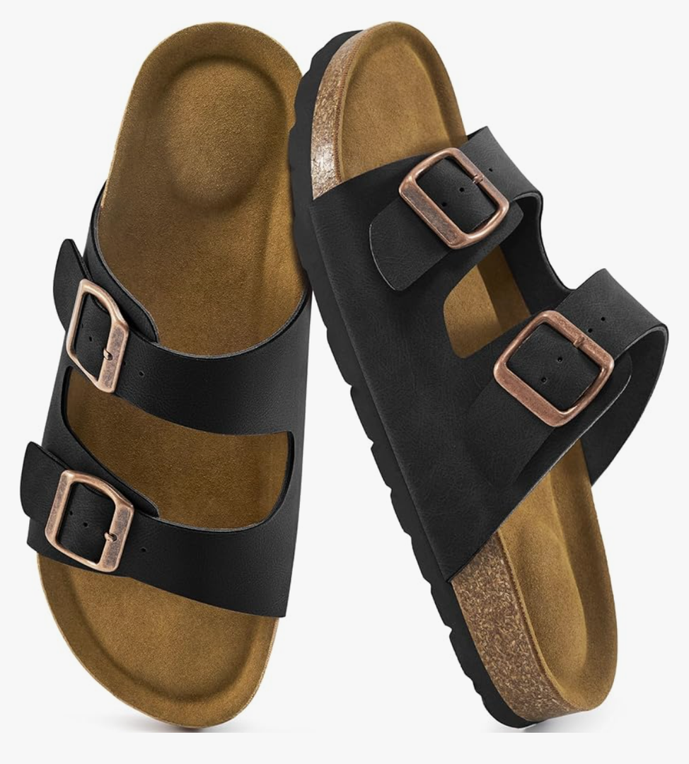 Aomigoct Sandals Womens Dressy Flat: Comfortable Cork Footbed Sandals Women - Beach Summer Walking Slides for Women Size 37 Black