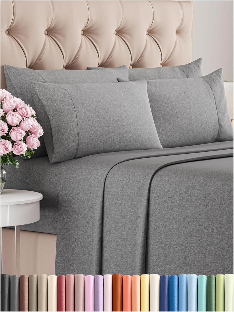 Queen Sheets Set 6 Piece - Includes 4 Pillowcases - Bed Sheets Queen Size - Soft Hotel Luxury Bedding - Cooling, Comfy & Breathable - 1 Flat & 1 Fitted & 4 Pillowcases w/ Deep Pockets - Heathered Grey
