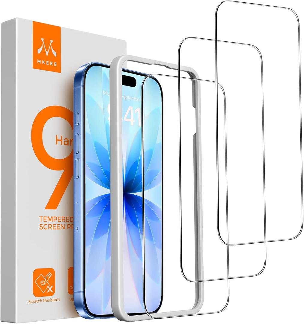 Mkeke 3 Pack Screen Protector for iPhone 17 6.3", [9H+ Tempered Glass] [Military-Grade Drop Protection][Easy Installation Frame] HD Clear, Anti-Scratch, Bubble Free
