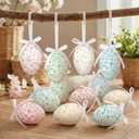 Gemscream 24 Pcs Easter Eggs Hanging Ornaments, Colorful Foam Easter Hanging Eggs Decorations with Bow Bunny and Floral Designs for Tree Basket Filler Decor Party Favors (Toile de Jouy Style)